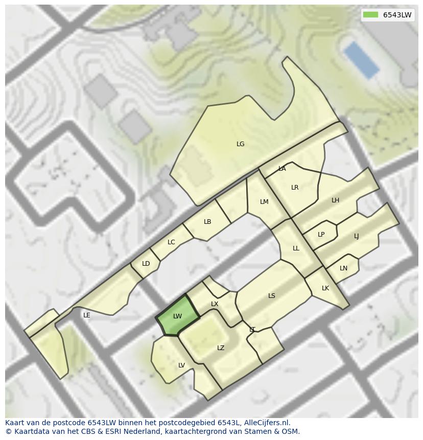 Afbeelding van het postcodegebied 6543 LW op de kaart.