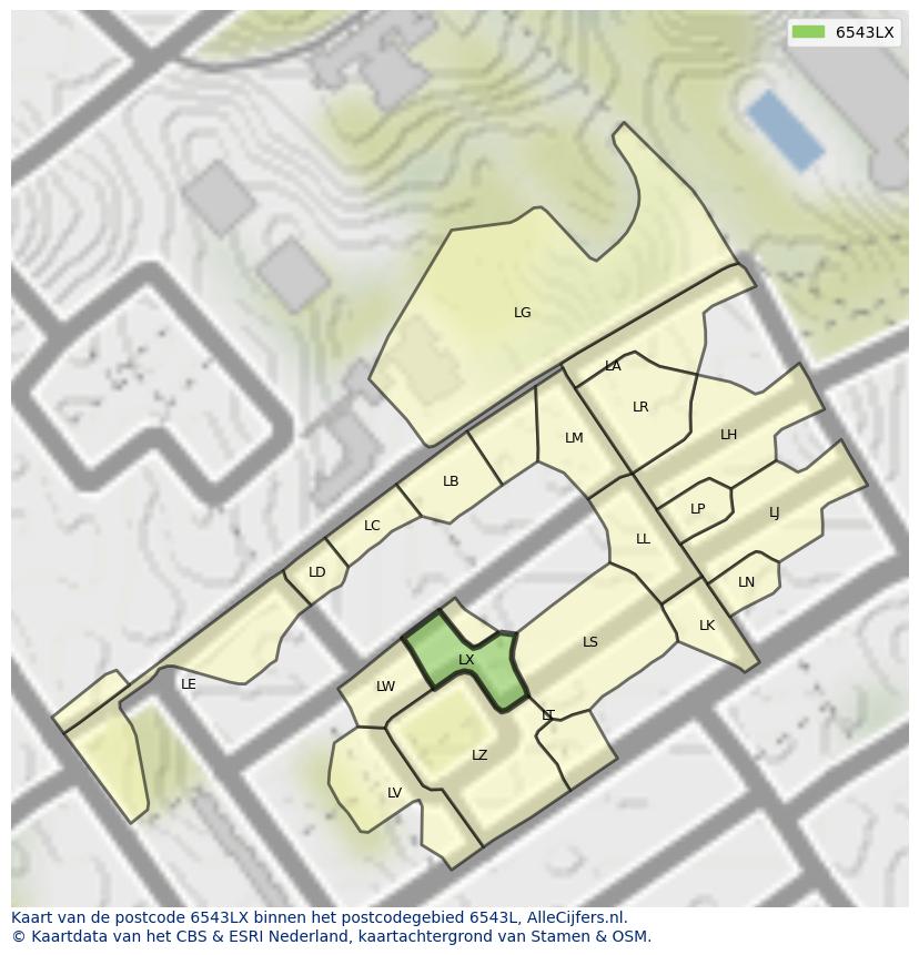 Afbeelding van het postcodegebied 6543 LX op de kaart.
