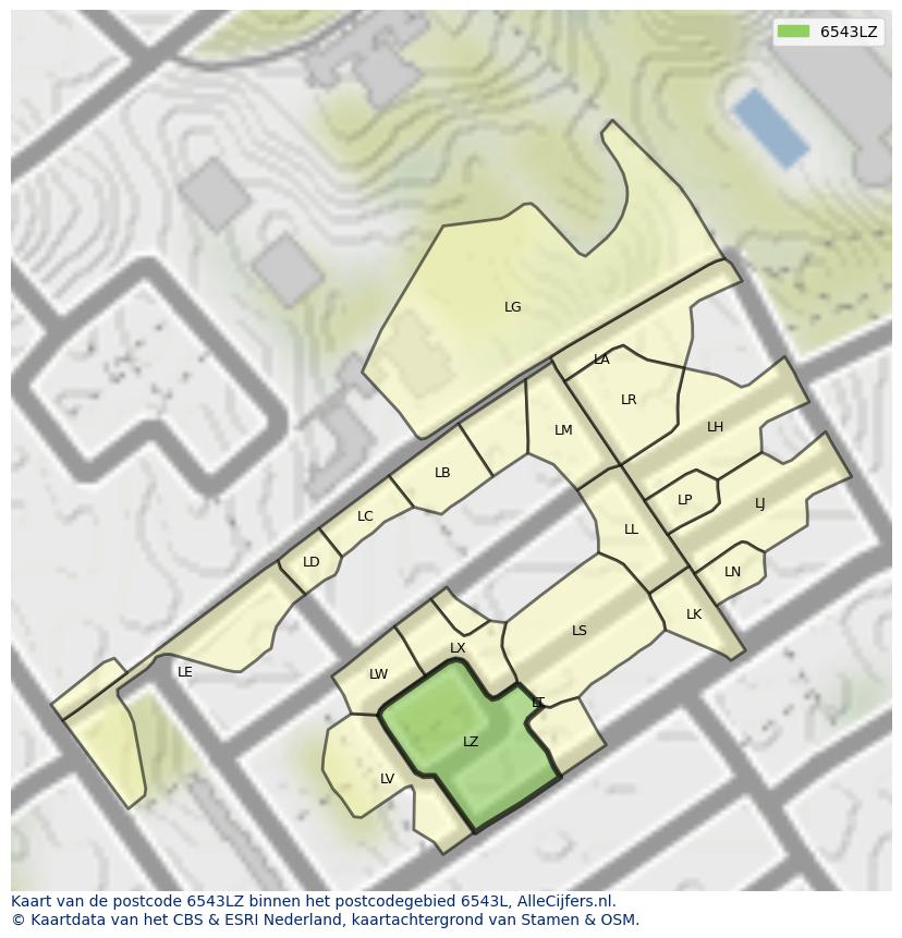 Afbeelding van het postcodegebied 6543 LZ op de kaart.