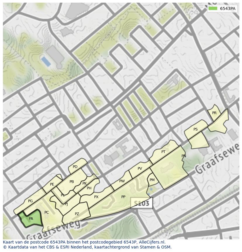 Afbeelding van het postcodegebied 6543 PA op de kaart.