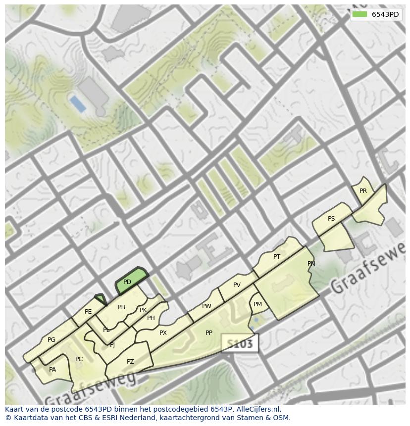 Afbeelding van het postcodegebied 6543 PD op de kaart.