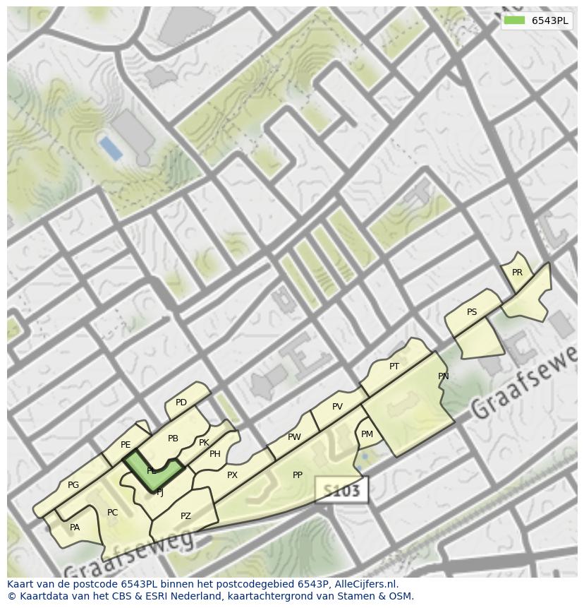 Afbeelding van het postcodegebied 6543 PL op de kaart.