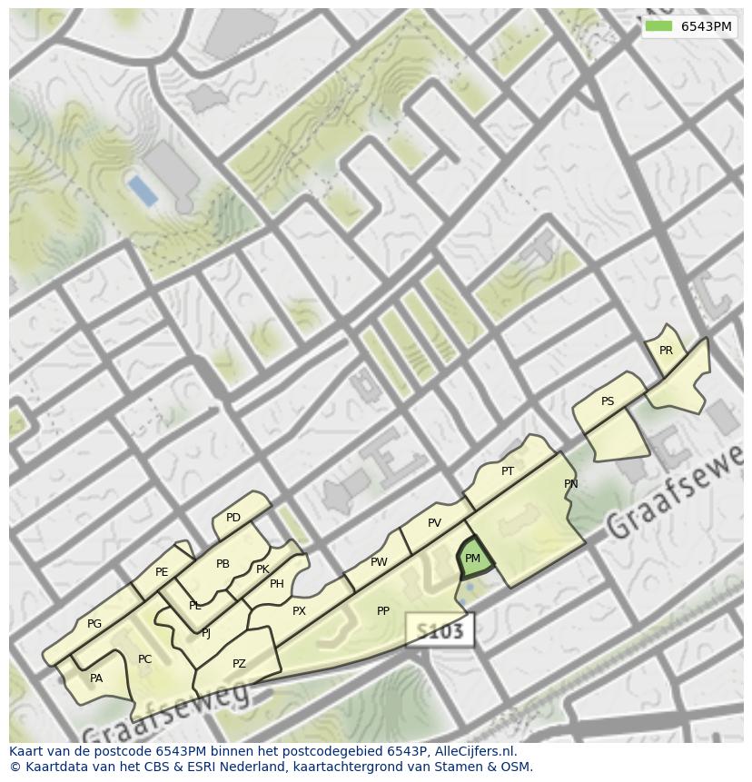 Afbeelding van het postcodegebied 6543 PM op de kaart.
