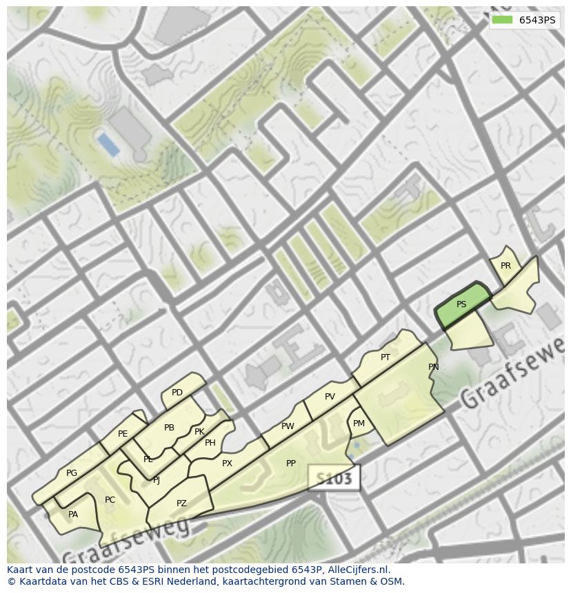 Afbeelding van het postcodegebied 6543 PS op de kaart.