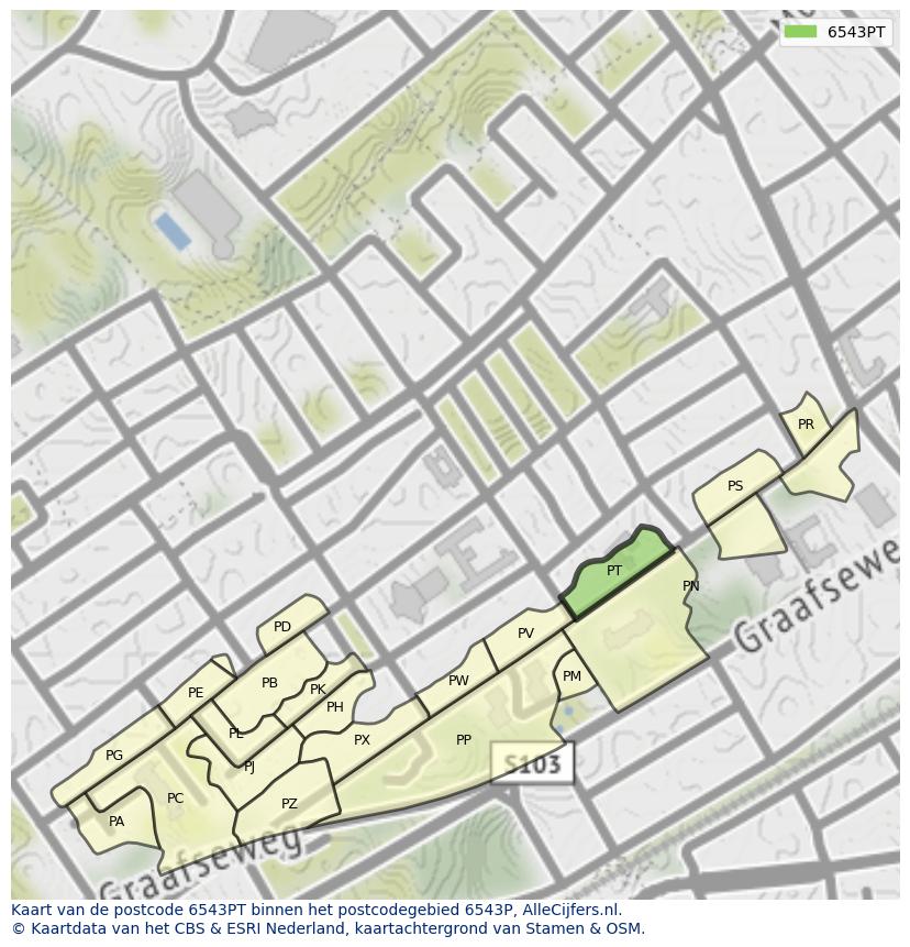 Afbeelding van het postcodegebied 6543 PT op de kaart.