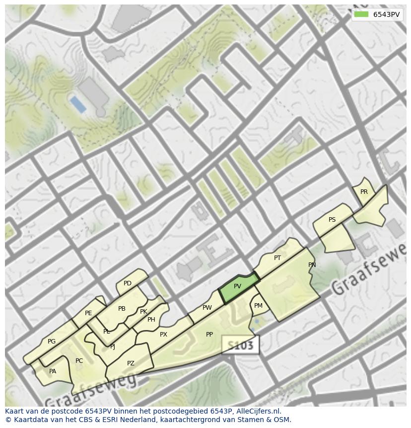 Afbeelding van het postcodegebied 6543 PV op de kaart.