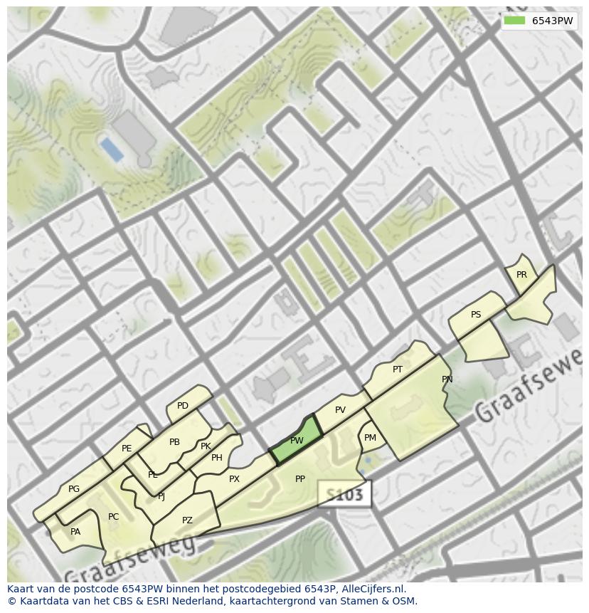 Afbeelding van het postcodegebied 6543 PW op de kaart.