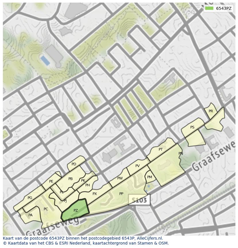 Afbeelding van het postcodegebied 6543 PZ op de kaart.