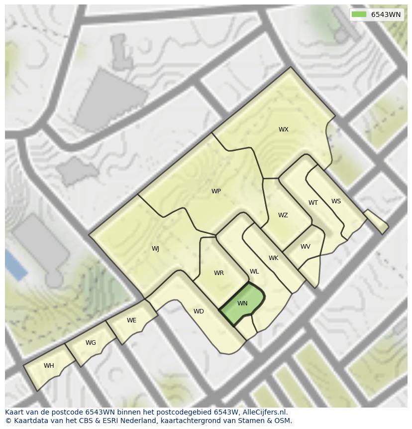 Afbeelding van het postcodegebied 6543 WN op de kaart.
