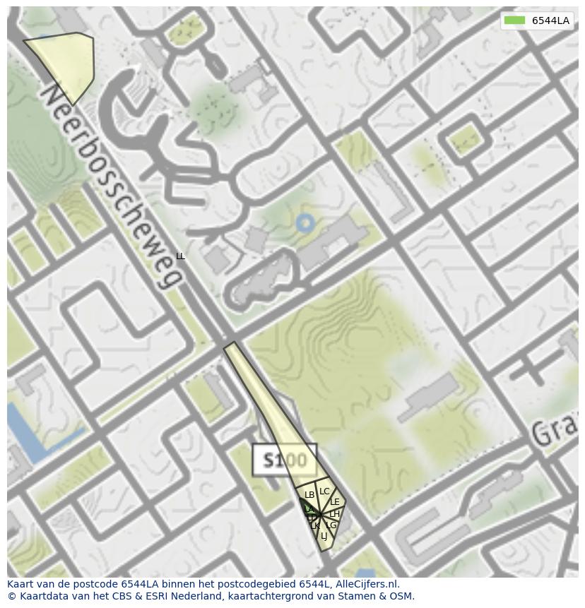 Afbeelding van het postcodegebied 6544 LA op de kaart.