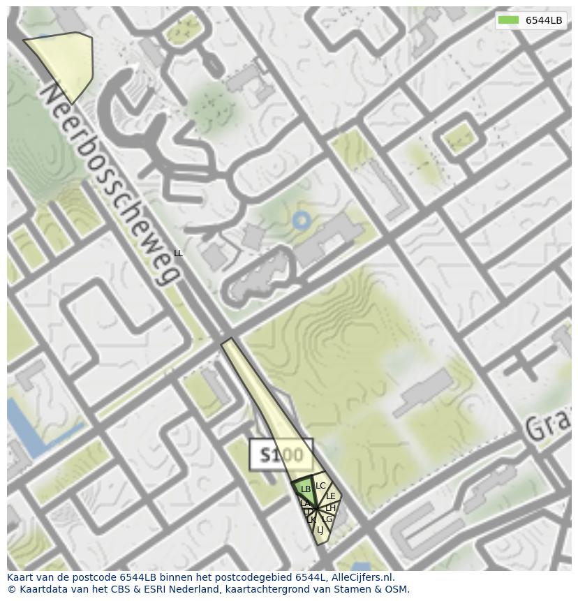 Afbeelding van het postcodegebied 6544 LB op de kaart.