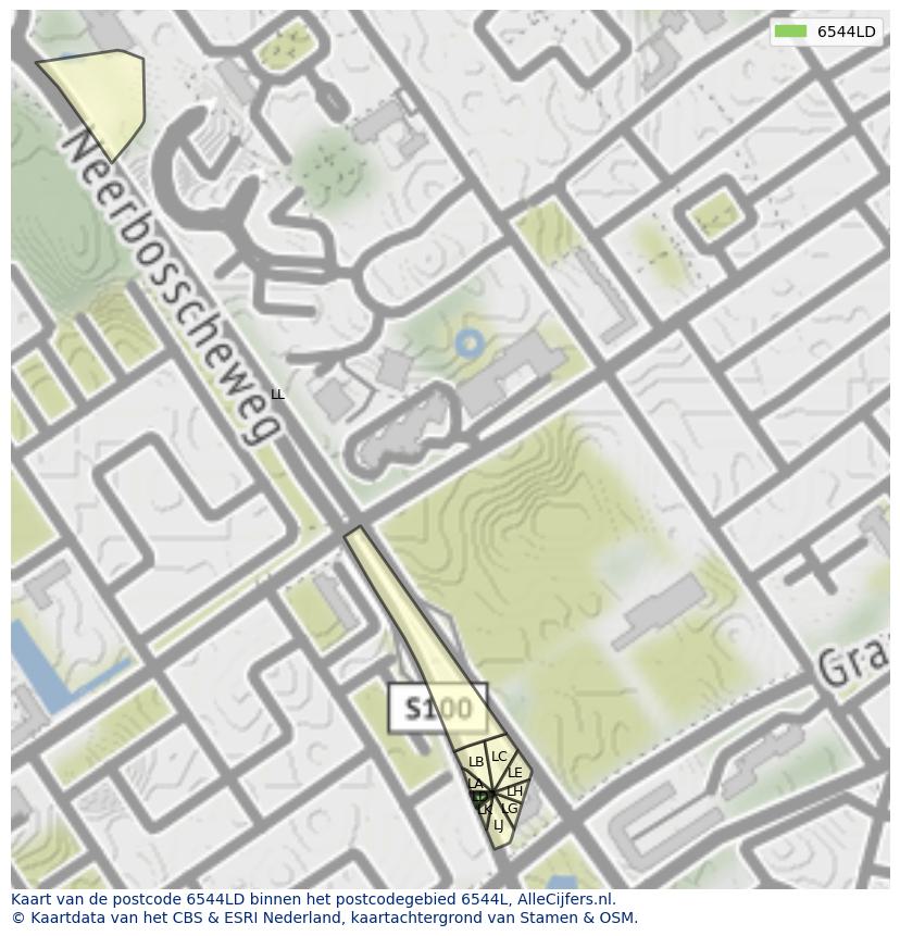 Afbeelding van het postcodegebied 6544 LD op de kaart.