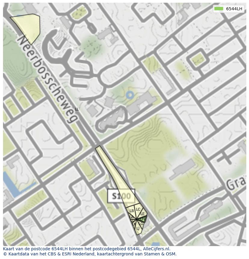Afbeelding van het postcodegebied 6544 LH op de kaart.