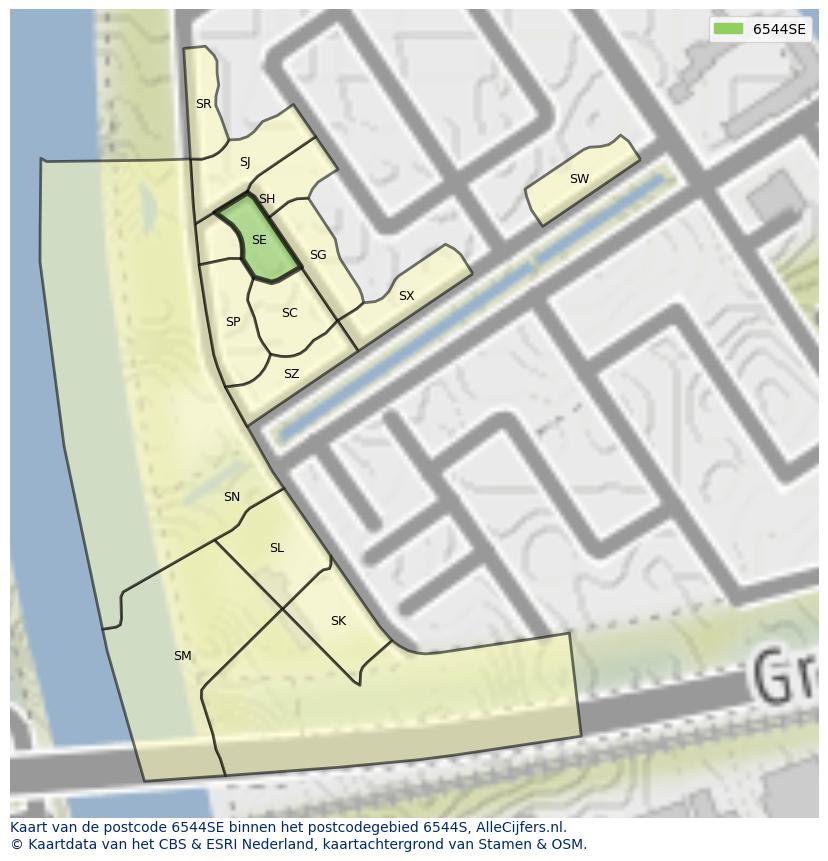 Afbeelding van het postcodegebied 6544 SE op de kaart.