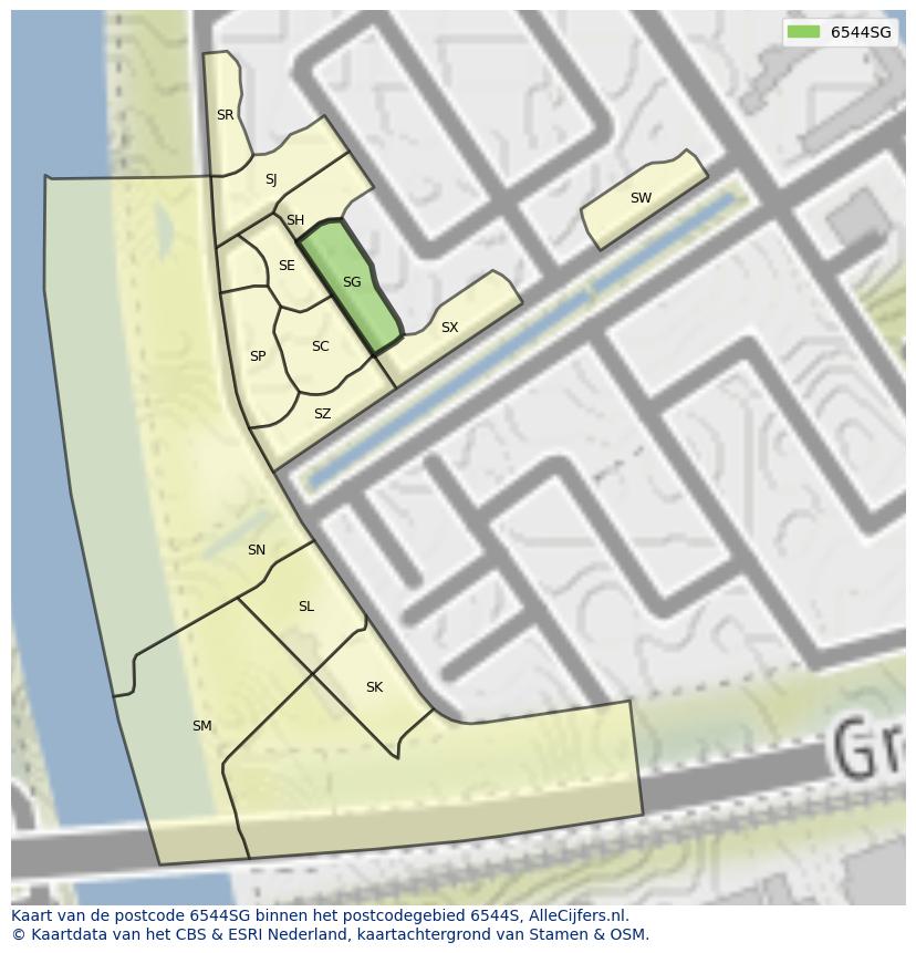 Afbeelding van het postcodegebied 6544 SG op de kaart.