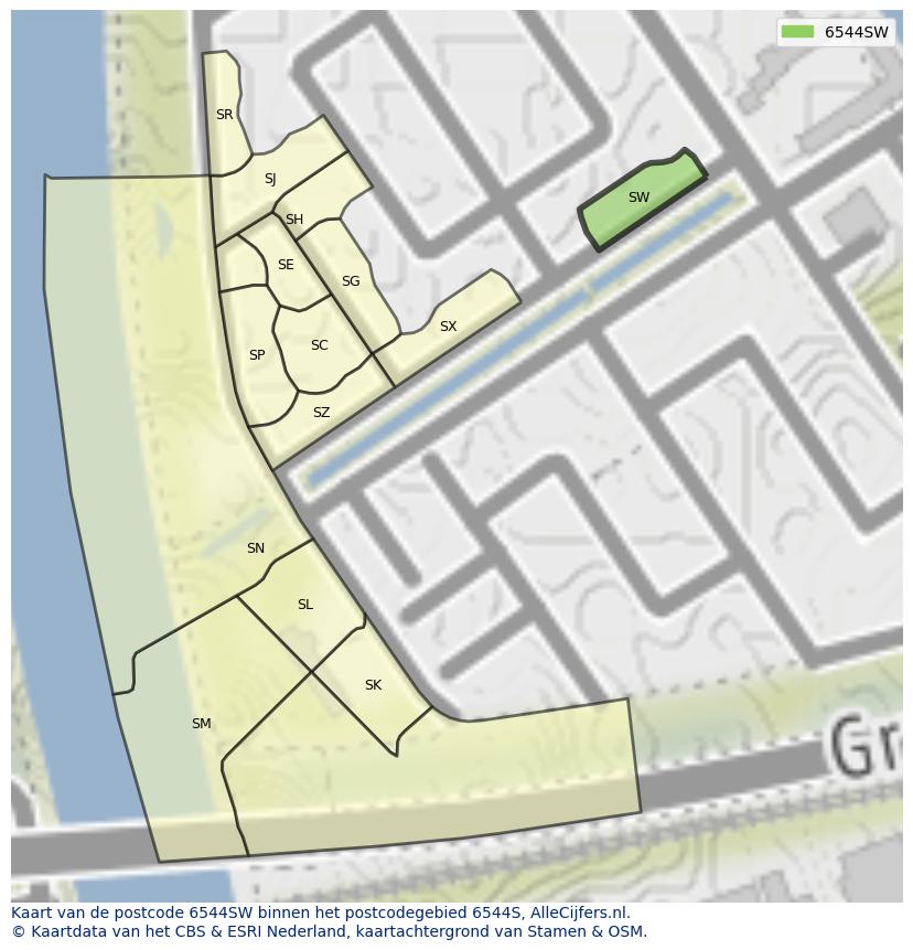 Afbeelding van het postcodegebied 6544 SW op de kaart.