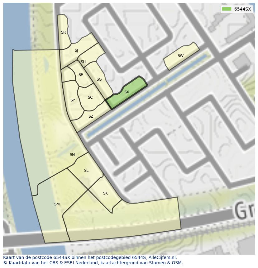 Afbeelding van het postcodegebied 6544 SX op de kaart.