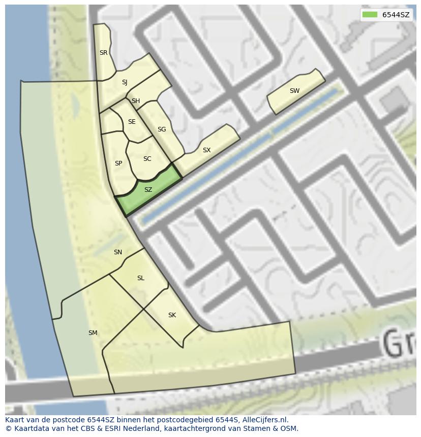 Afbeelding van het postcodegebied 6544 SZ op de kaart.