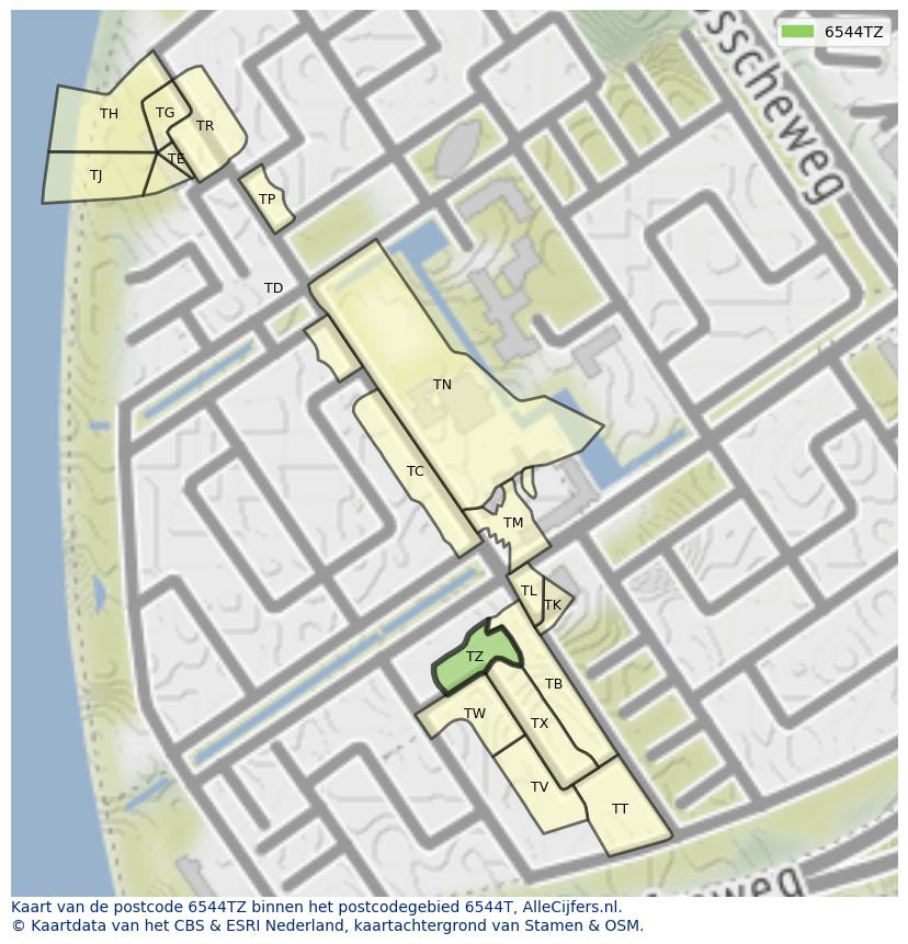 Afbeelding van het postcodegebied 6544 TZ op de kaart.