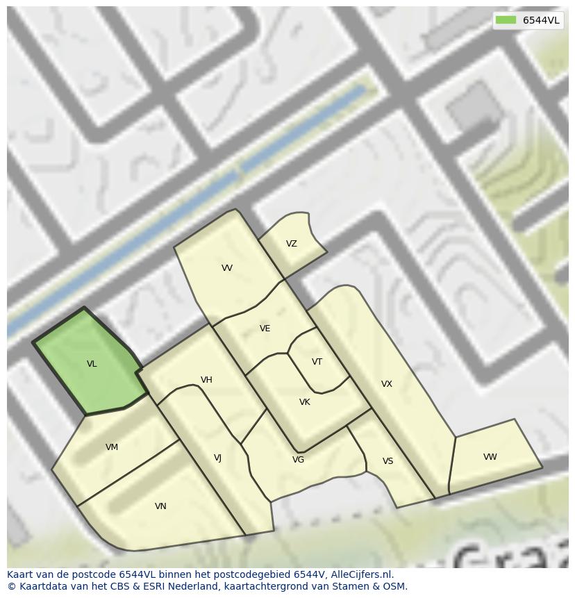 Afbeelding van het postcodegebied 6544 VL op de kaart.