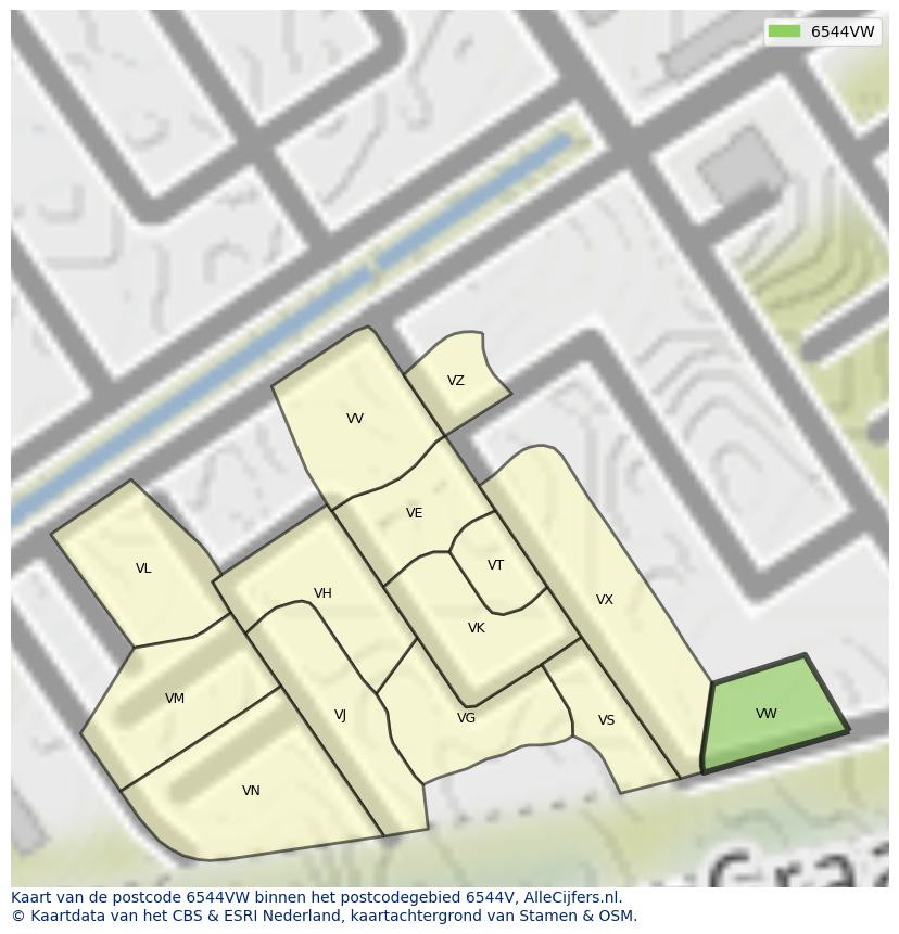 Afbeelding van het postcodegebied 6544 VW op de kaart.