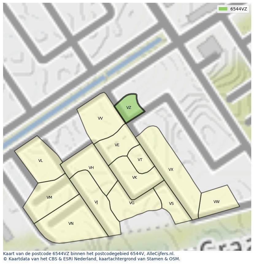 Afbeelding van het postcodegebied 6544 VZ op de kaart.