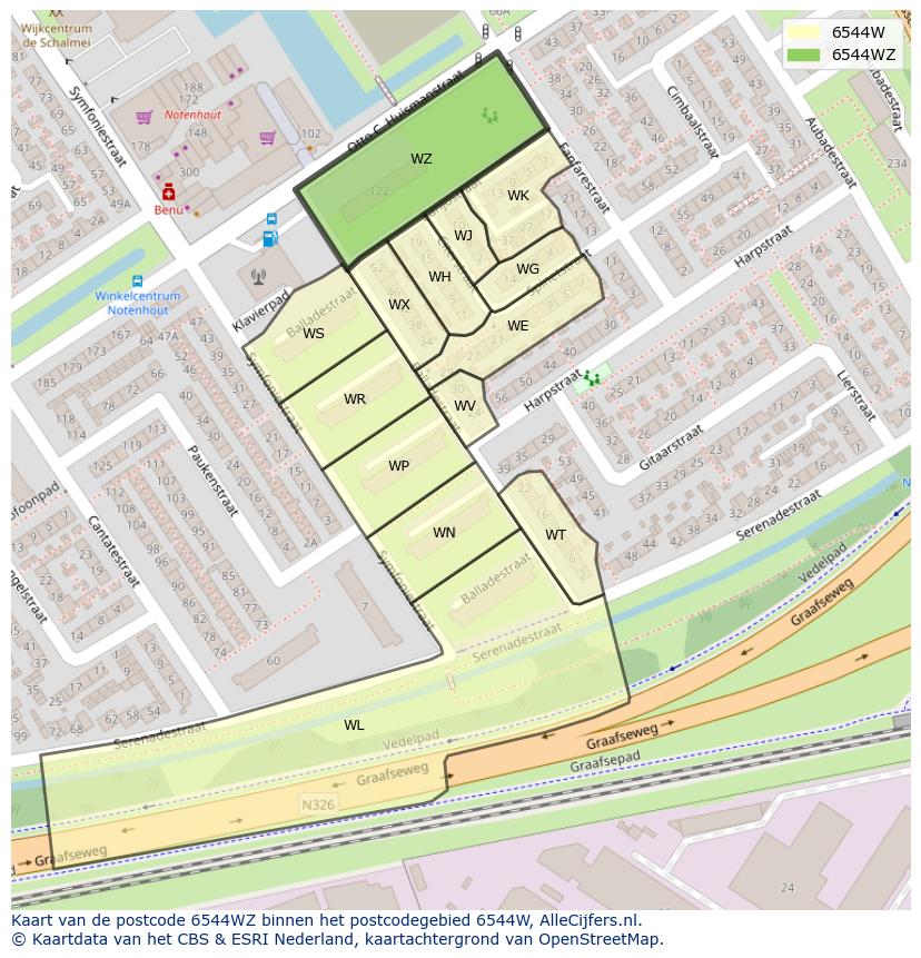 Afbeelding van het postcodegebied 6544 WZ op de kaart.