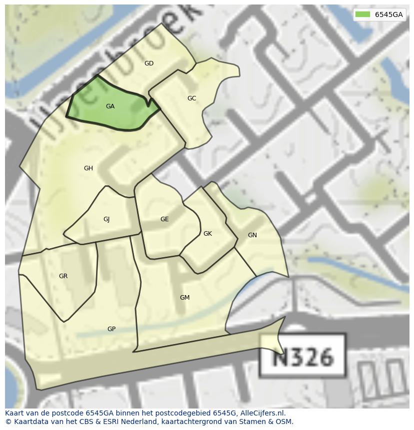 Afbeelding van het postcodegebied 6545 GA op de kaart.