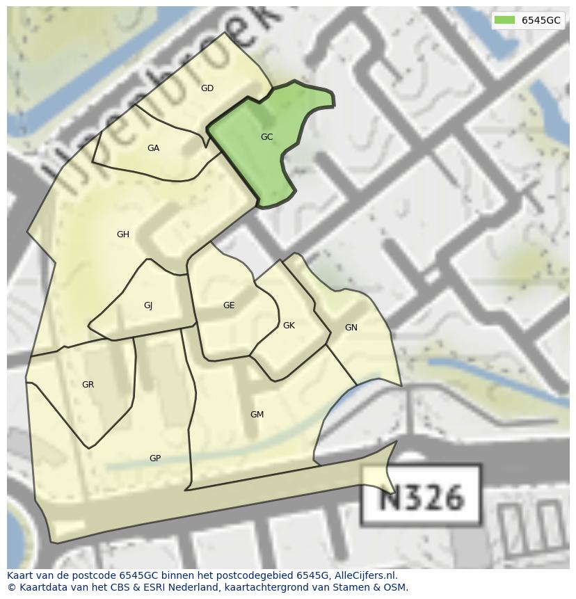 Afbeelding van het postcodegebied 6545 GC op de kaart.