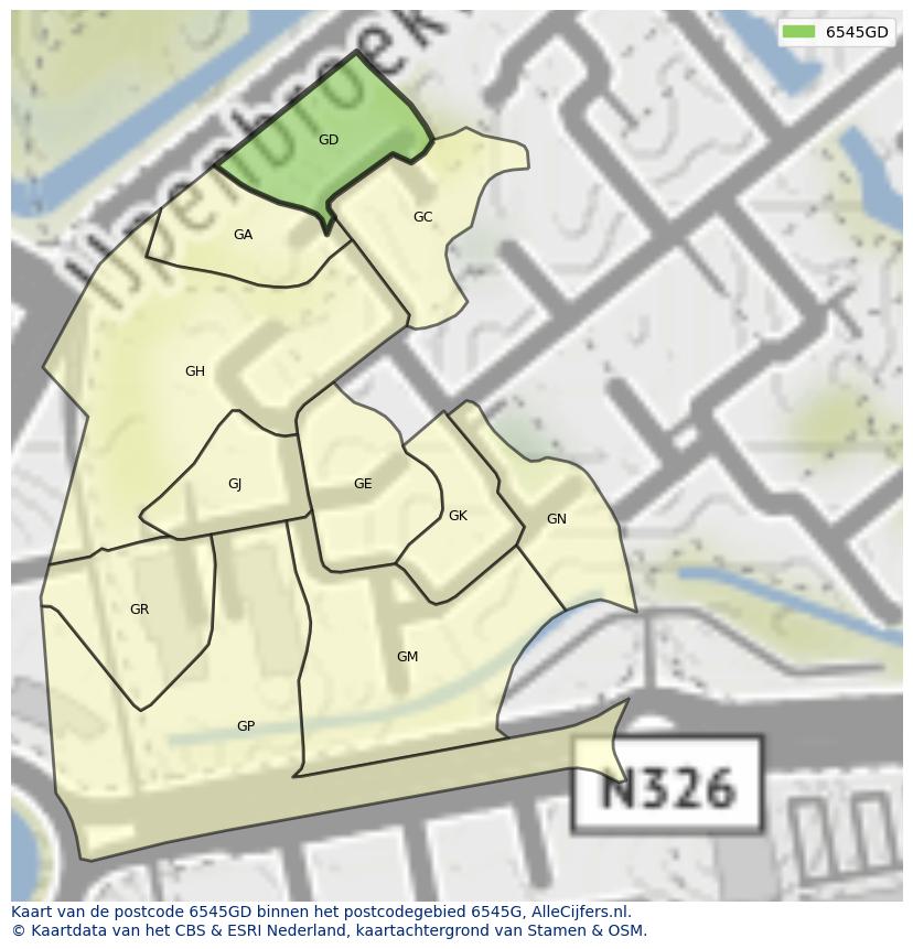 Afbeelding van het postcodegebied 6545 GD op de kaart.