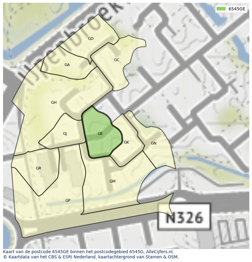 Afbeelding van het postcodegebied 6545 GE op de kaart.