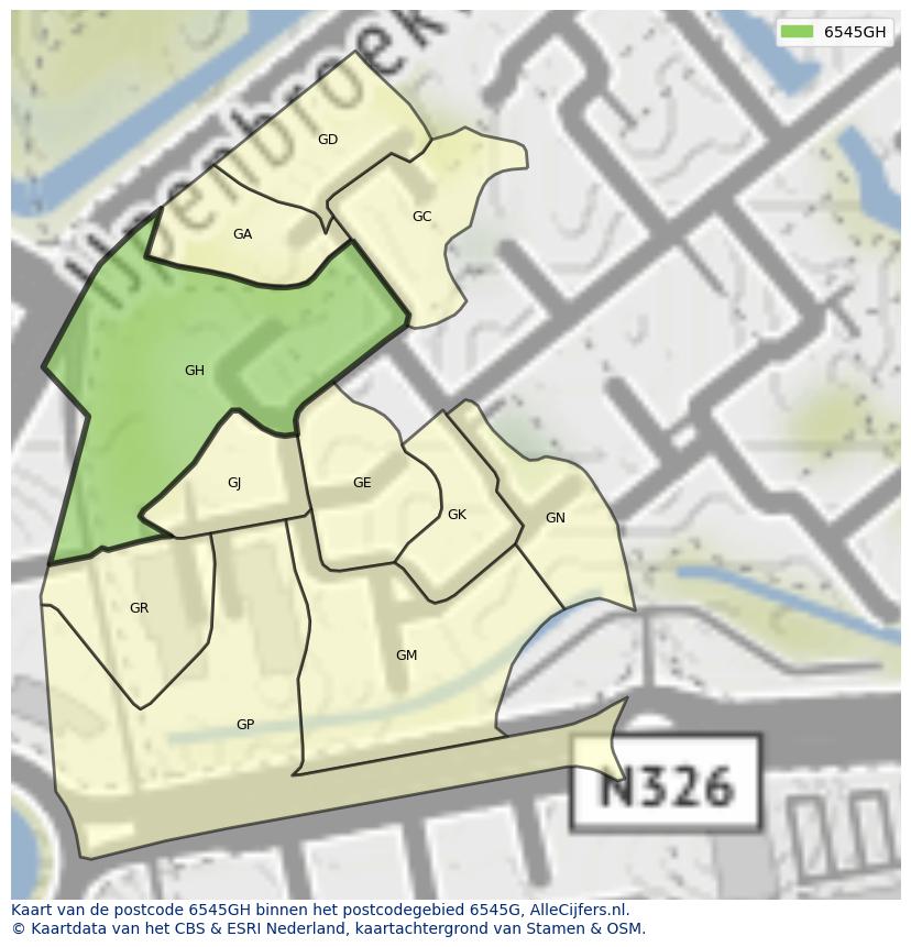 Afbeelding van het postcodegebied 6545 GH op de kaart.
