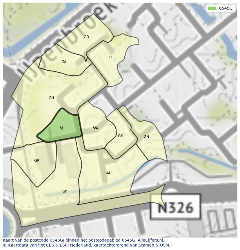 Afbeelding van het postcodegebied 6545 GJ op de kaart.