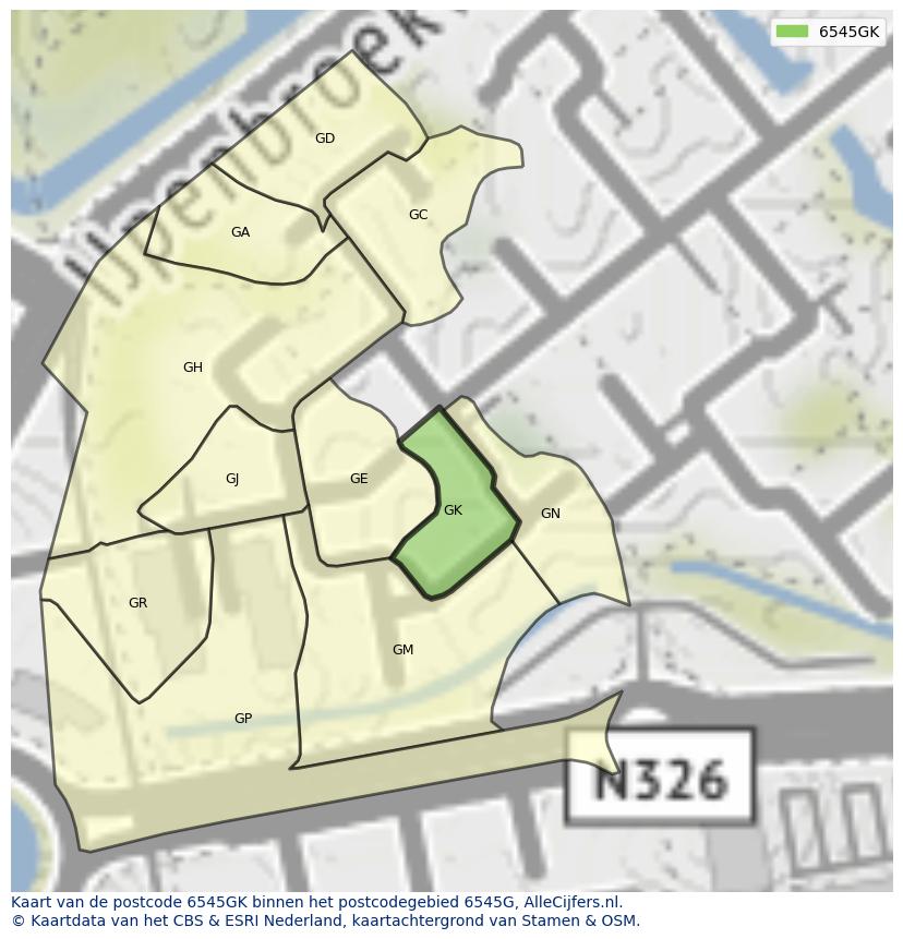 Afbeelding van het postcodegebied 6545 GK op de kaart.