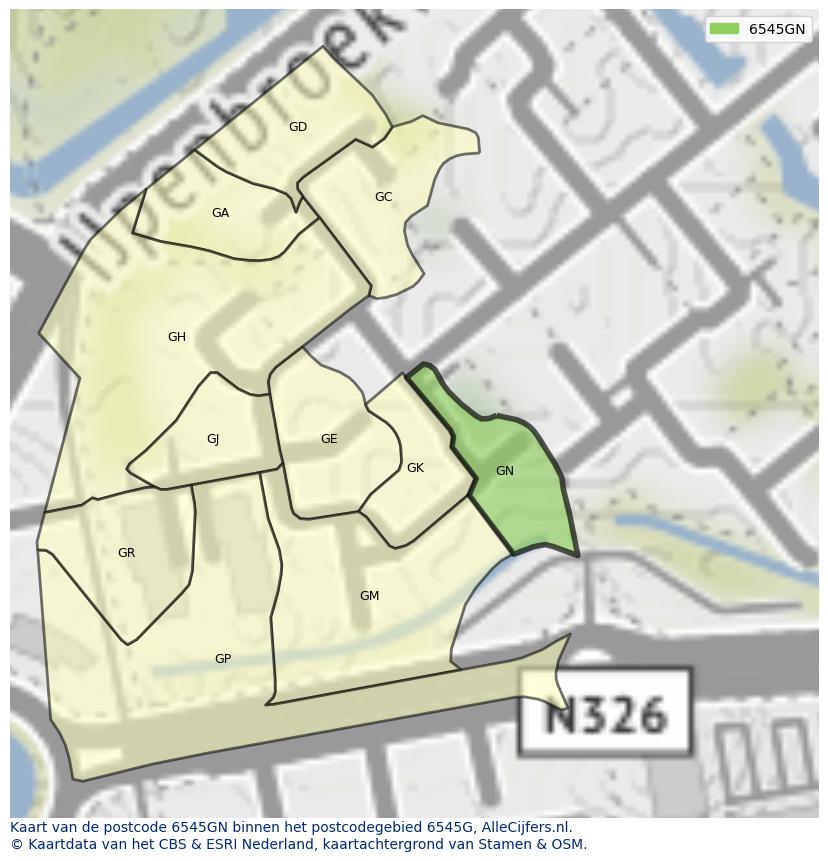 Afbeelding van het postcodegebied 6545 GN op de kaart.