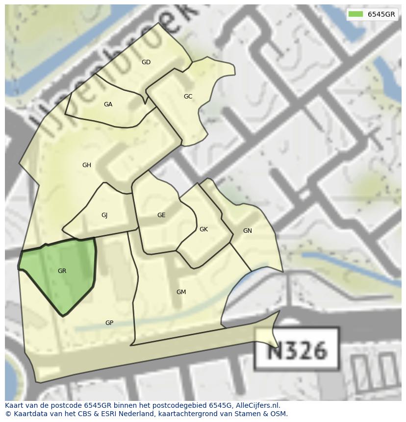 Afbeelding van het postcodegebied 6545 GR op de kaart.