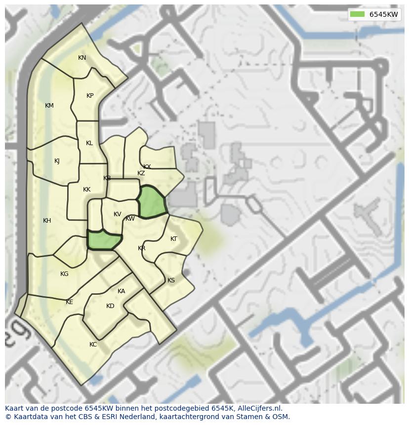 Afbeelding van het postcodegebied 6545 KW op de kaart.