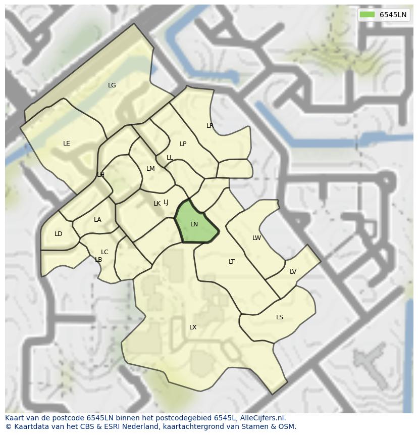 Afbeelding van het postcodegebied 6545 LN op de kaart.