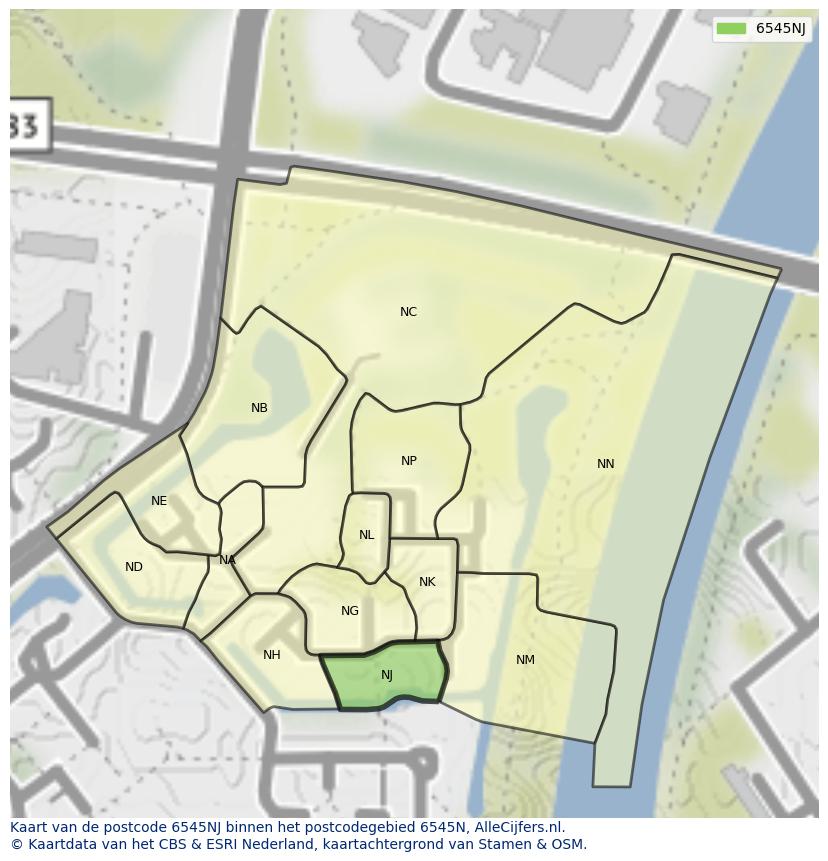 Afbeelding van het postcodegebied 6545 NJ op de kaart.