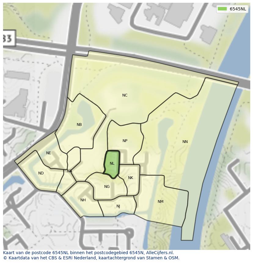 Afbeelding van het postcodegebied 6545 NL op de kaart.