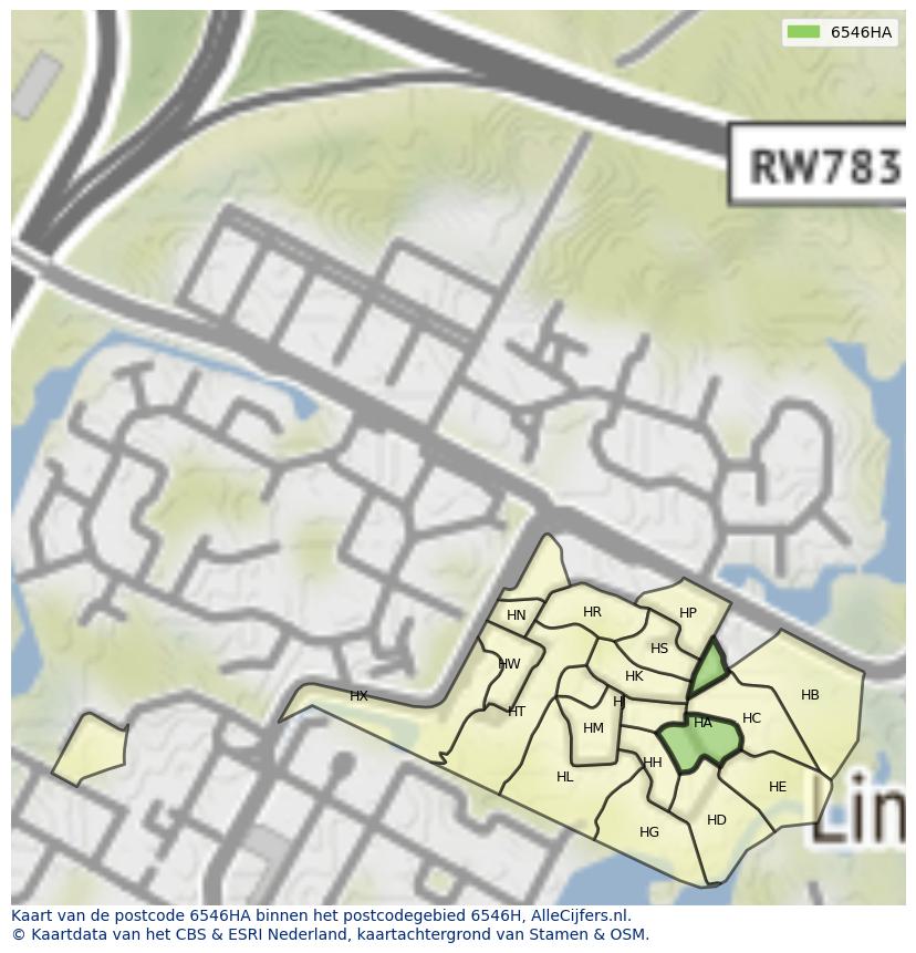 Afbeelding van het postcodegebied 6546 HA op de kaart.