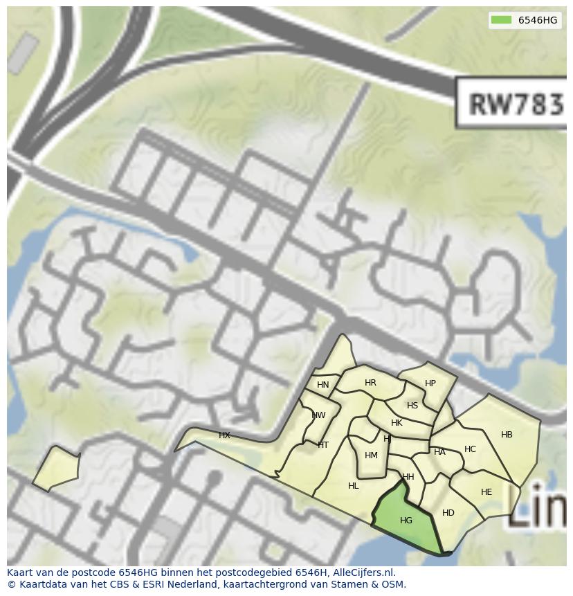 Afbeelding van het postcodegebied 6546 HG op de kaart.