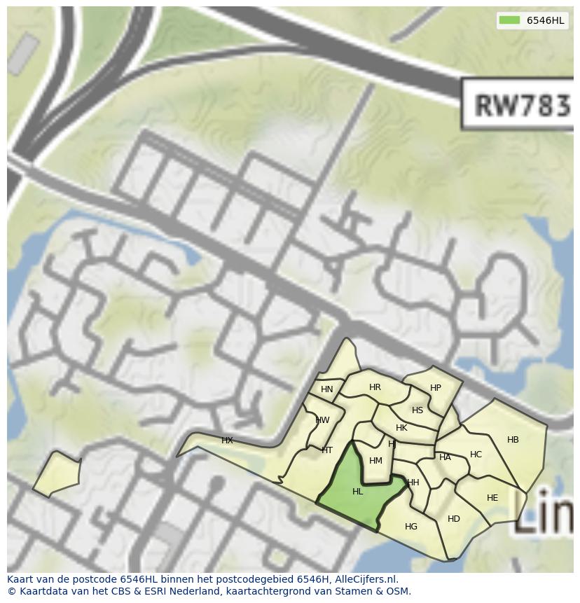 Afbeelding van het postcodegebied 6546 HL op de kaart.