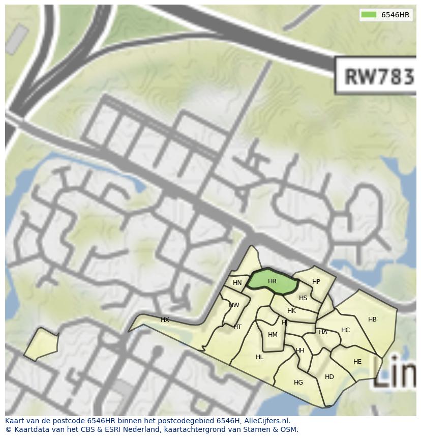 Afbeelding van het postcodegebied 6546 HR op de kaart.