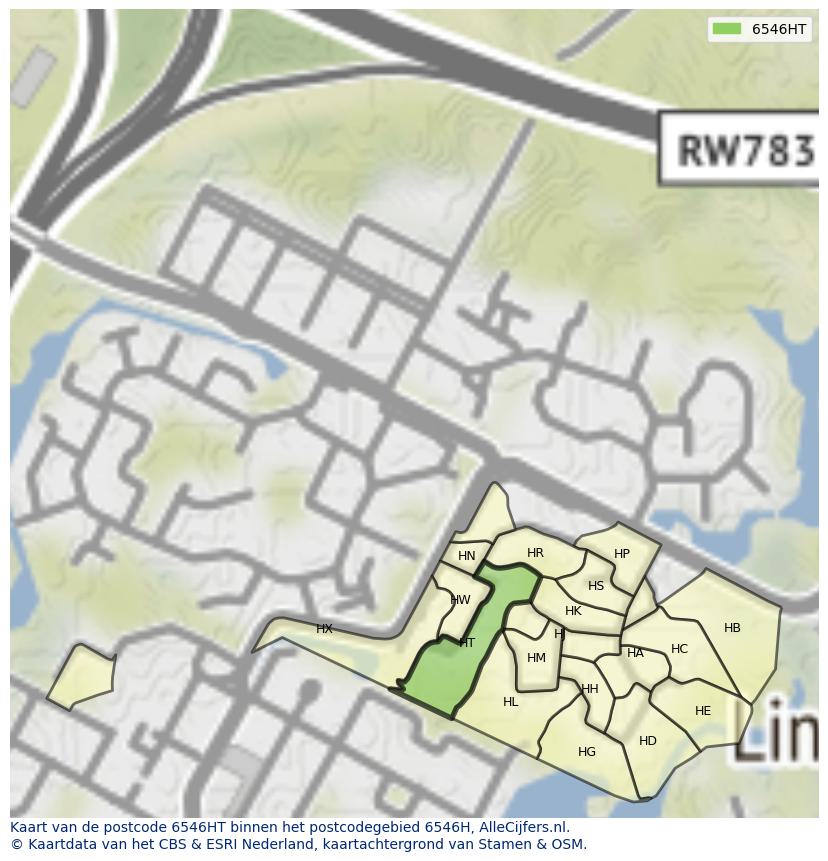 Afbeelding van het postcodegebied 6546 HT op de kaart.