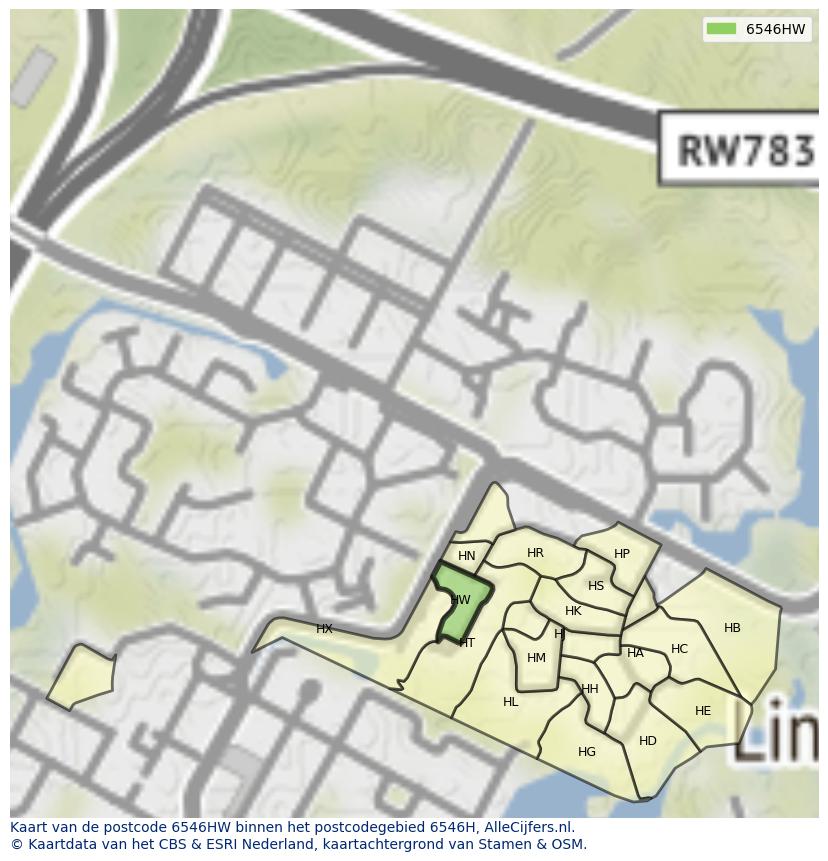 Afbeelding van het postcodegebied 6546 HW op de kaart.