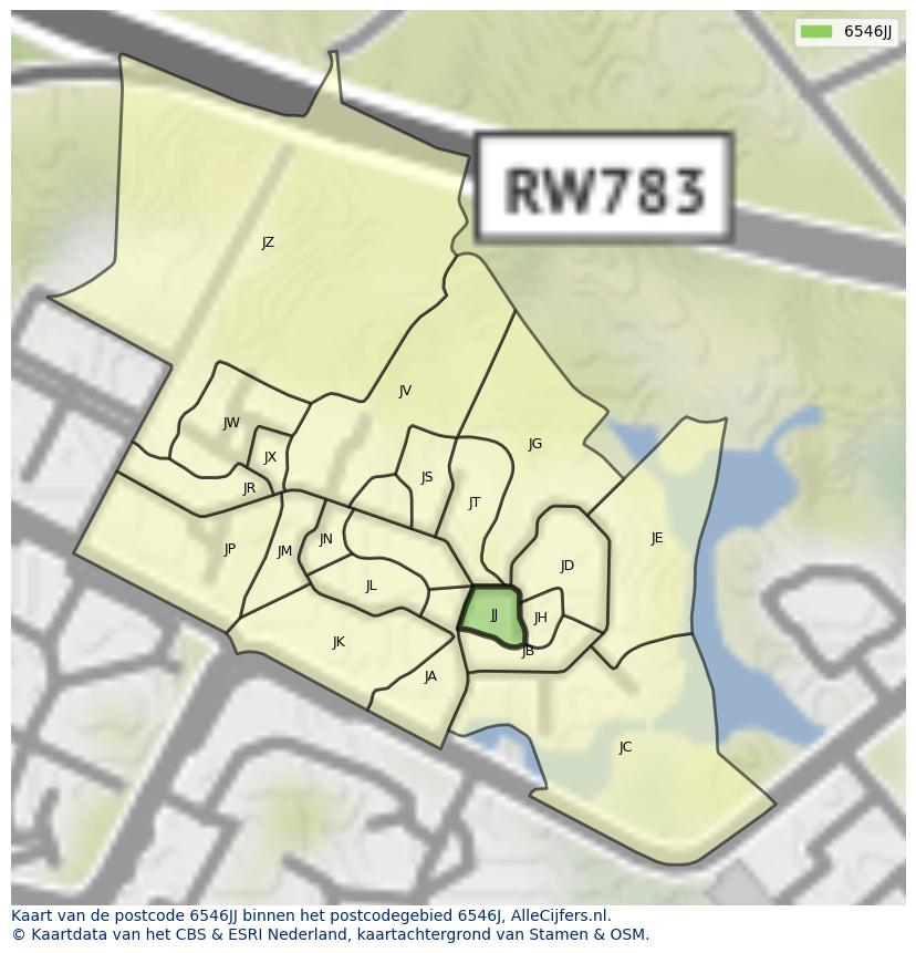 Afbeelding van het postcodegebied 6546 JJ op de kaart.