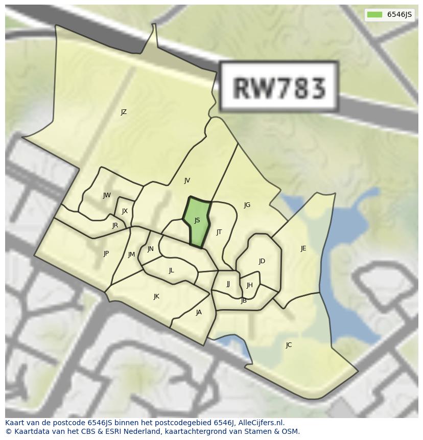 Afbeelding van het postcodegebied 6546 JS op de kaart.