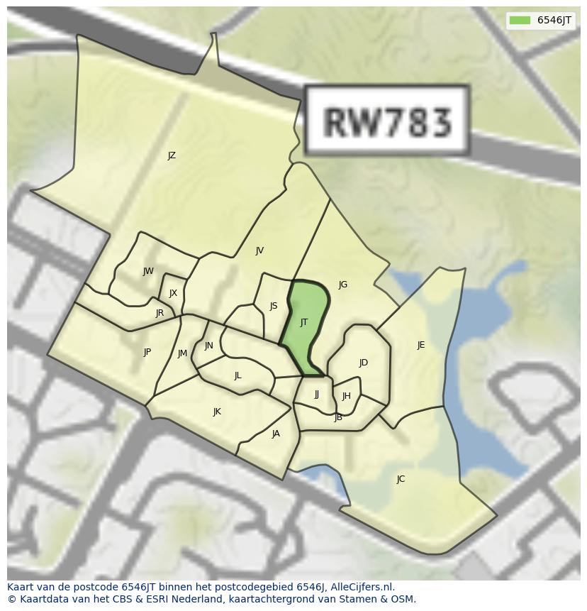 Afbeelding van het postcodegebied 6546 JT op de kaart.