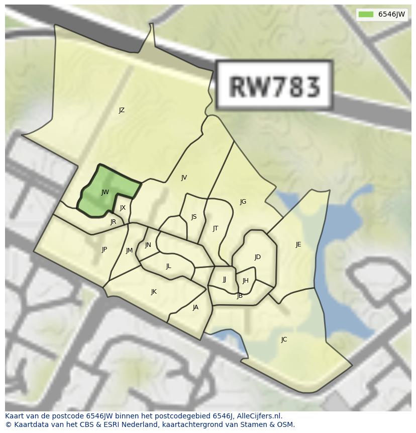 Afbeelding van het postcodegebied 6546 JW op de kaart.